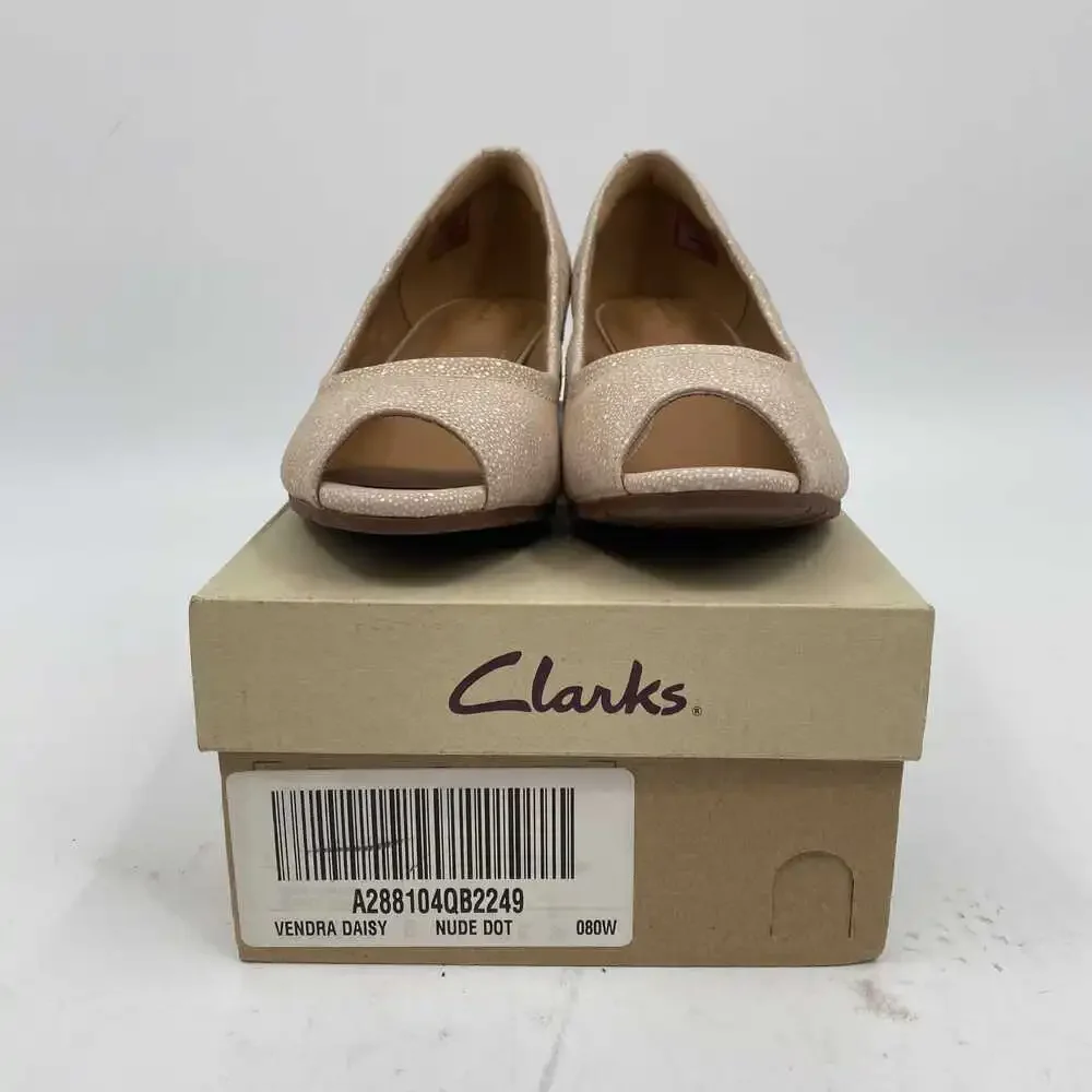 Clarks Tan Vendra Daisy Peep Toe Wedges | Leather, US 8
